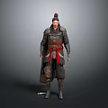 Man in Traditional Ancient Dark Armor With Red Decorative Belt Weapon at Waist Wearing Helmet