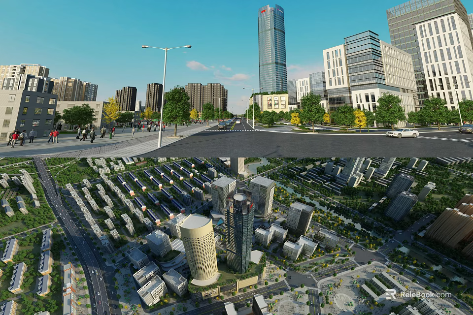 Urban Aerial Planning With High Rise Buildings Roads Green Spaces And Layout 3d model 