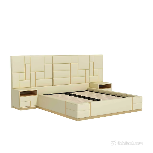 Modern Minimalist Double Bed With Beige Geometric Panel Headboard Side Nightstands And Underbed Drawers 3d model 