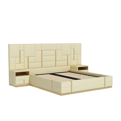 Modern Minimalist Double Bed With Beige Geometric Panel Headboard Side Nightstands And Underbed Drawers 3d model