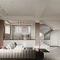 Spacious Modern Living Dining Room Interior With Comfortable Sofa Coffee Table And Decorative Shelves