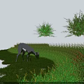 Green Shrubs in Natural Landscape With Deer Grazing on Lush Green Grass and Plants
