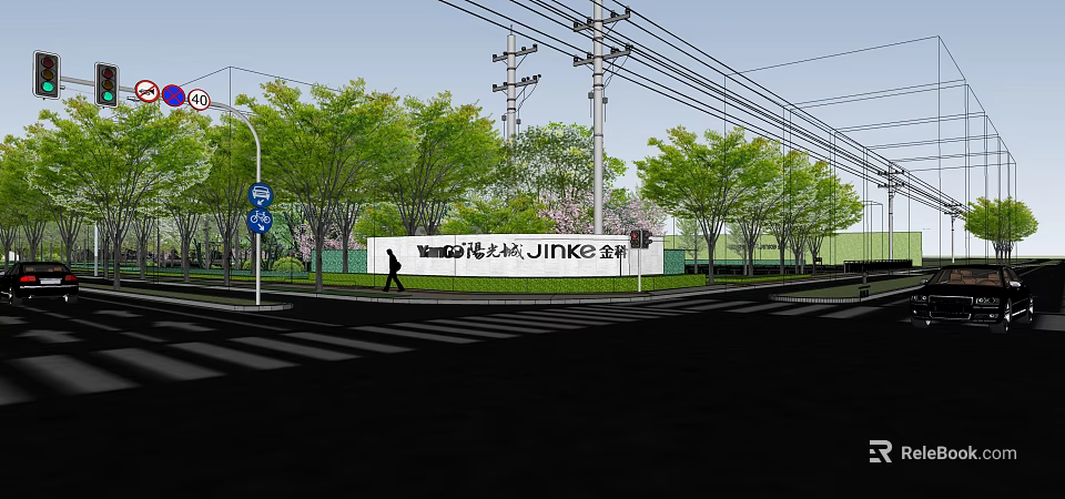 Municipal Road Featuring Green Trees Street Lamps Pedestrian And JINKE Signage 3d model 