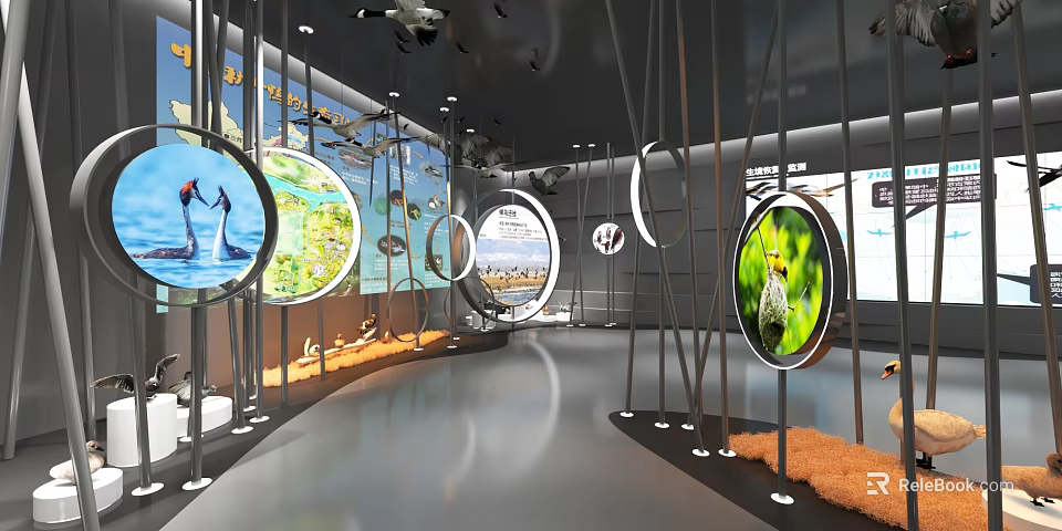 Contemporary Exhibition Space With Circular Screens Showing Natural Scenes Swans Insects And Metal Stands 3d model 