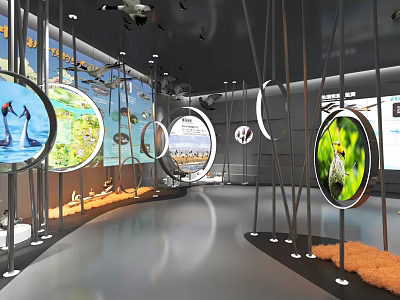 Contemporary Exhibition Space With Circular Screens Showing Natural Scenes Swans Insects And Metal Stands 3d model