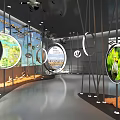 Contemporary Exhibition Space With Circular Screens Showing Natural Scenes Swans Insects And Metal Stands