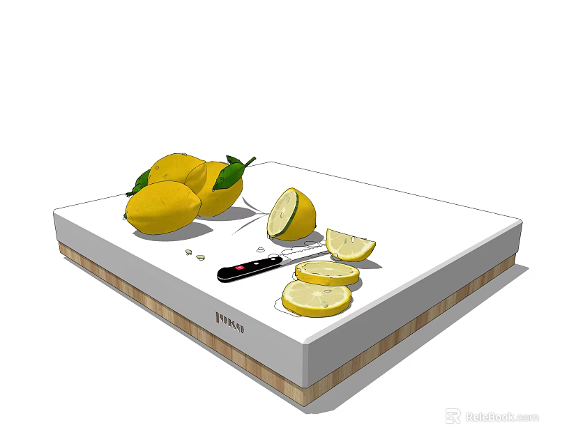 Fresh Whole Lemons and Sliced Pieces on White Cutting Board with Knife 3d model 
