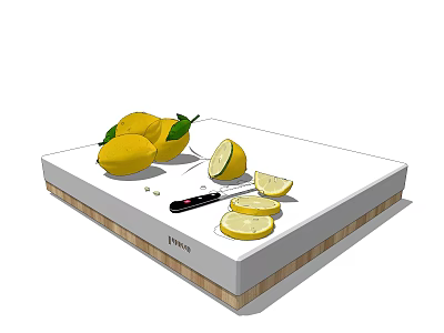 Fresh Whole Lemons and Sliced Pieces on White Cutting Board with Knife 3d model