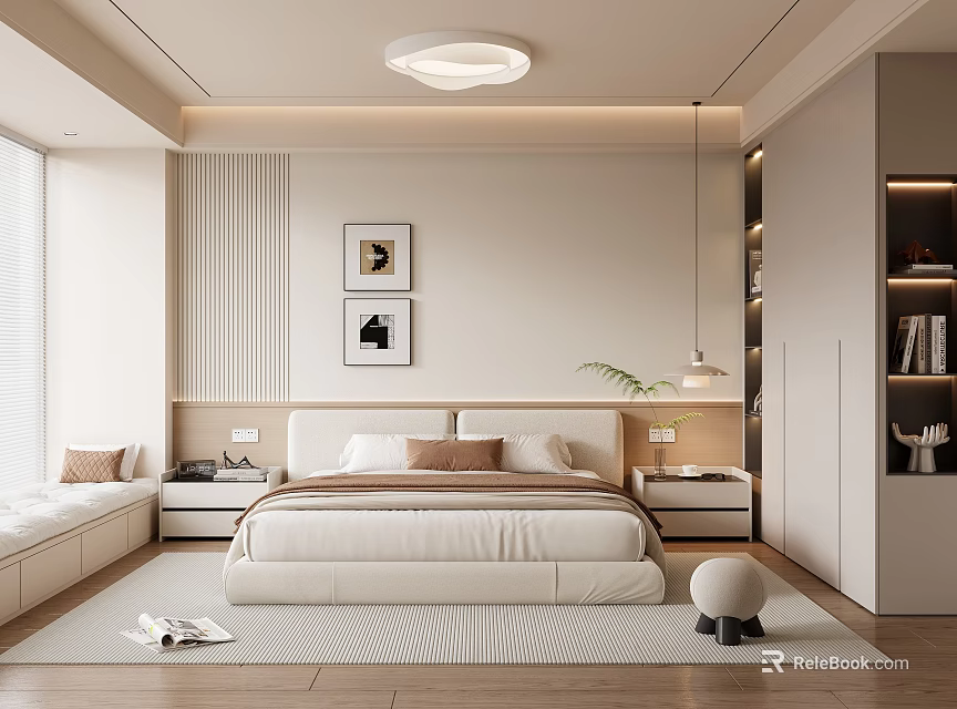 Modern Bedroom Interior Design With Platform Bed Nightstands And Pendant Lighting 3d model 