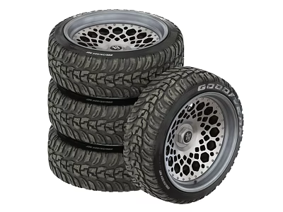 Stacked Off Road Tires With Deep Tread Pattern And Silver Rim Design 3d model