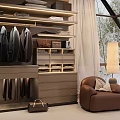 Modern Wardrobe With Shelves Hanging Space Drawers And Brown Armchair Floor Lamp Snowy View