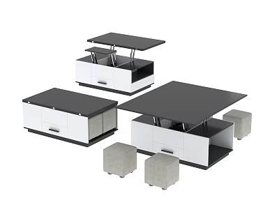 Modern Coffee Tables Black Top White Base With Drawers And Matching Gray Stools 3d model