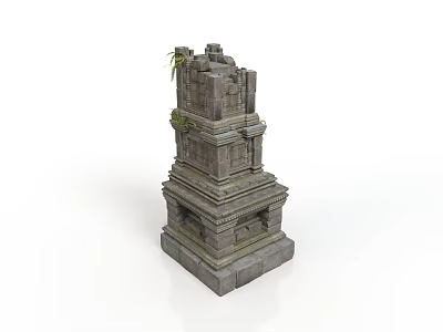 Modern Scene Featuring Multi layered Stone Pagoda With Carved Details And Top Foliage 3d model