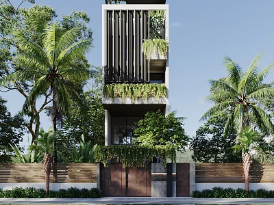 Modern Detached Villa With Lush Greenery Palm Trees And Vertical Garden Design 3d model