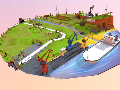 Modern cartoon scene seaside port crane operation 3d model