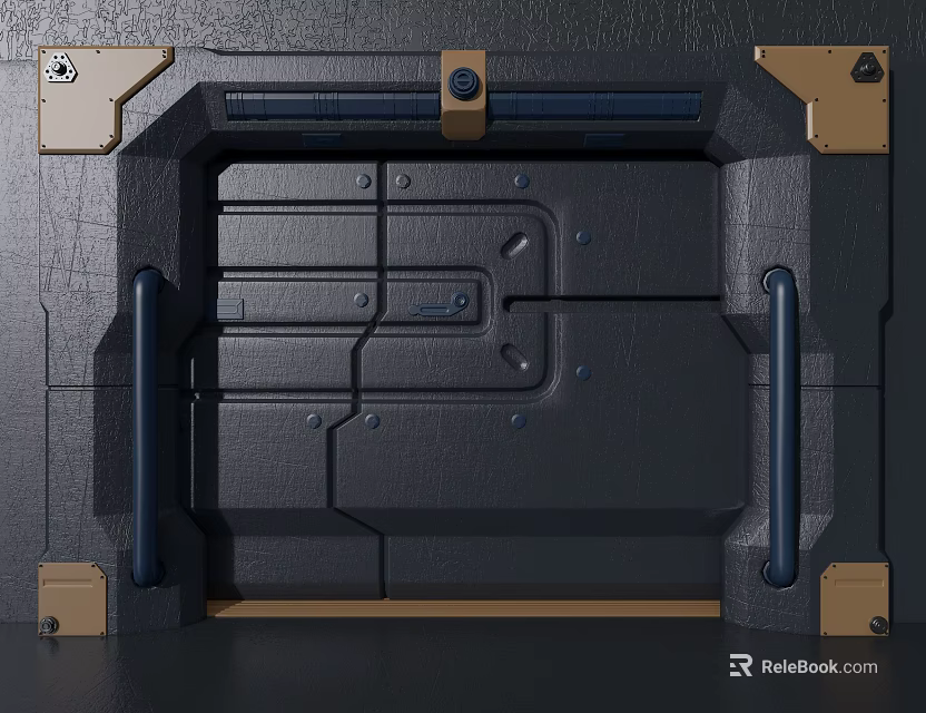 Industrial Style Black Panel With Gold Metal Accents Handles And Screws 3d model 