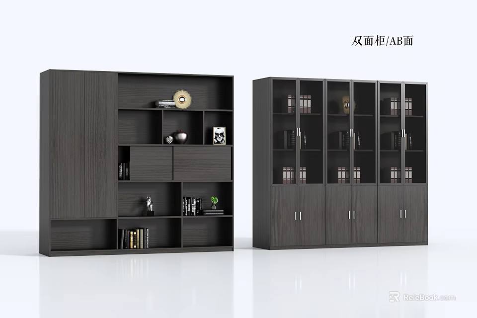 Double Sided Bookcase With Modern Design Storage Shelves And Cabinet Doors 3d model 