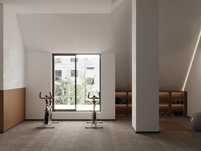 Modern Minimalist Recreation Room With Spin Bikes And Natural Light 3d model