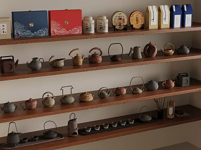 Various Tea Sets And Packages Display On Wooden Shelves With Ceramic Teapots 3d model