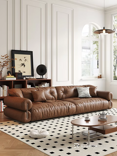 Brown Leather Multi Seater Sofa In Living Room With Bookshelf Decorative Items And Natural Light 3d model 