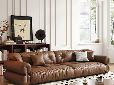Brown Leather Multi Seater Sofa In Living Room With Bookshelf Decorative Items And Natural Light 3d model