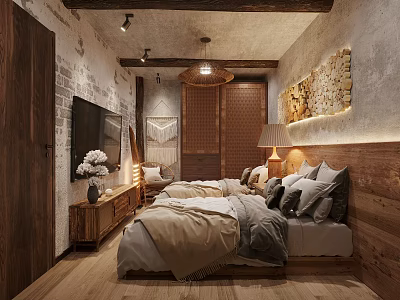 Hotel Guest Room with Stone Walls Wooden Headboard Cozy Bed TV and Pendant Light 3d model