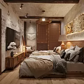 Hotel Guest Room with Stone Walls Wooden Headboard Cozy Bed TV and Pendant Light