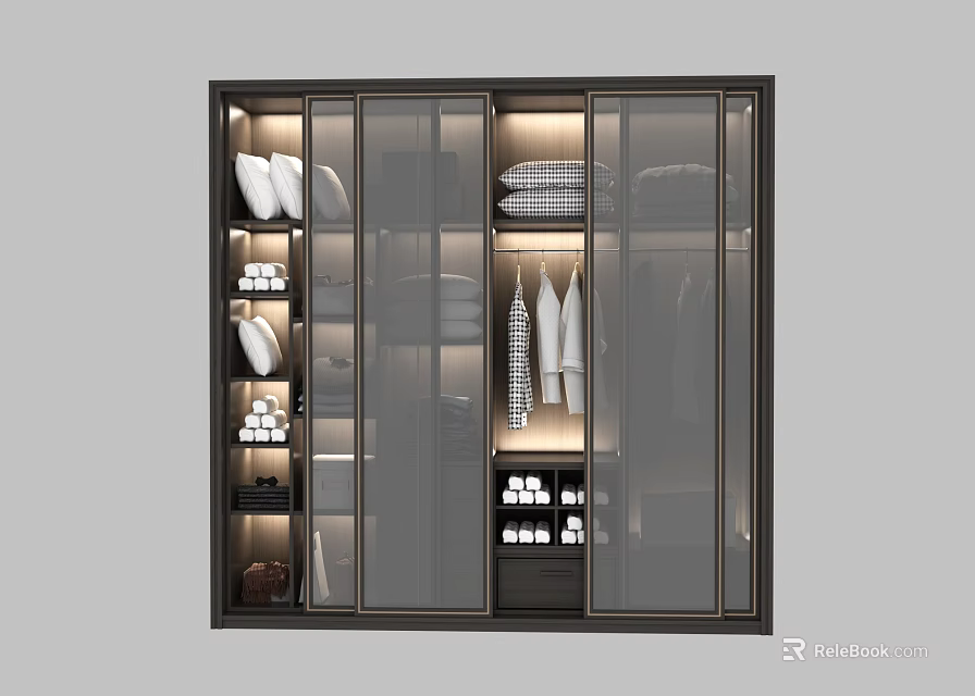 Modern Wardrobe With Glass Doors Organized Interior Shelves And Hanging Clothes 3d model 