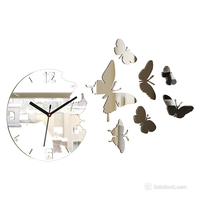 Modern Wall Clock With Butterfly Decorative Mirrored Design And Home Decor 3d model
