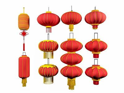 Various Traditional Chinese Red Lantern Decorative Lights With Yellow Accents And Tassels 3d model