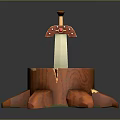 Detailed Sword With Red Hilt Placed On Wooden Tree Stump With Ring Texture