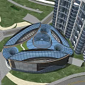 Modern Commercial Complex With Glass Curtain Walls And Unique Green Roof Design