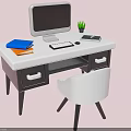 Stylish Home Office Desk With Computer Books Plant Phone And White Chair