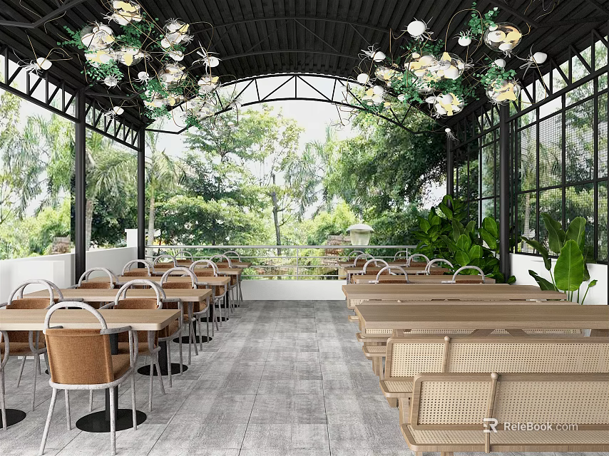 Outdoor Restaurant Covered Patio With Flower Pendant Lights Green Plants And Wooden Tables Chairs 3d model 