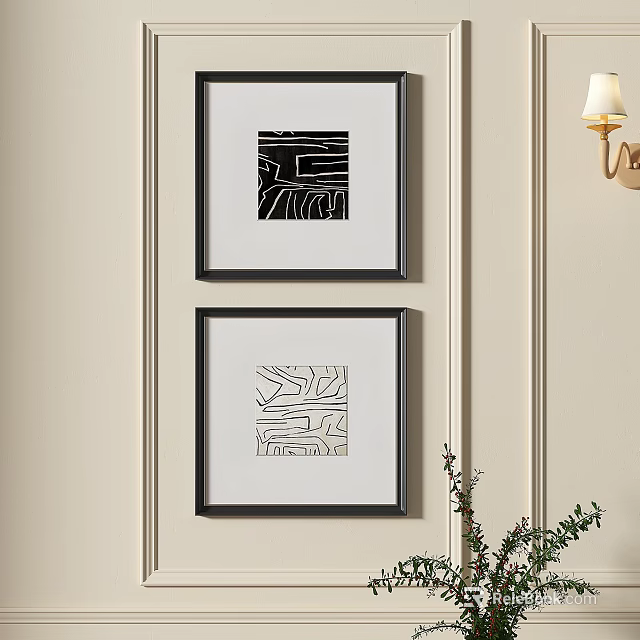 Abstract Paintings With Black Frames Hanging On Beige Wall For Interior Decor 3d model 