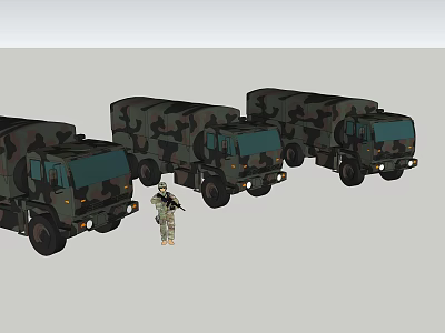 Camouflage Painted Military Utility Trucks With Standing Soldier In Army Scene 3d model