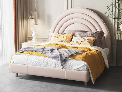 Soft Pink Kids Bed with Curved Headboard Yellow Gray Bedding and Rabbit Doll 3d model