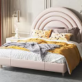 Soft Pink Kids Bed with Curved Headboard Yellow Gray Bedding and Rabbit Doll
