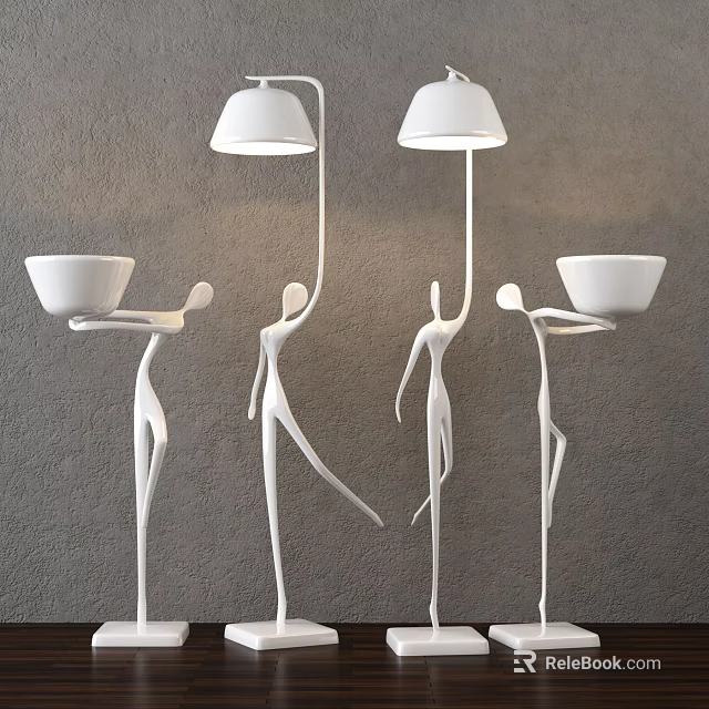 Modern White Humanoid Floor Lamps with Dancer Shaped Design Against Gray Wall Background 3d model 
