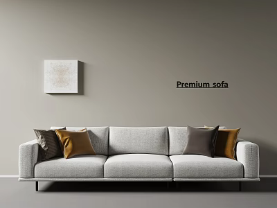 Modern Gray Premium Three-Seater Sofa With Decorative Pillows And Wall Artwork 3d model