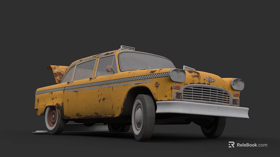 Vintage Yellow Rusty Taxi Sedan With Old Fashioned Design And Roof Sign 3d model 