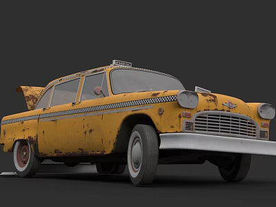 Vintage Yellow Rusty Taxi Sedan With Old Fashioned Design And Roof Sign 3d model