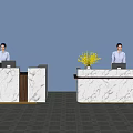 Elegant Modern Reception Desk With Marble Top Wooden Frame And Potted Plant