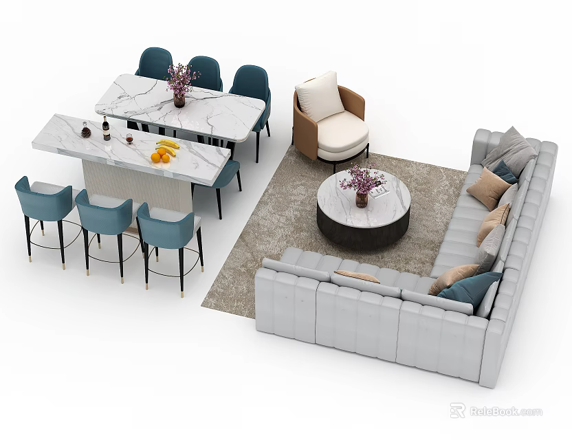Modern Sofa Coffee Table Set With Light Gray Upholstery Round Table And Decorative Cushions 3d model