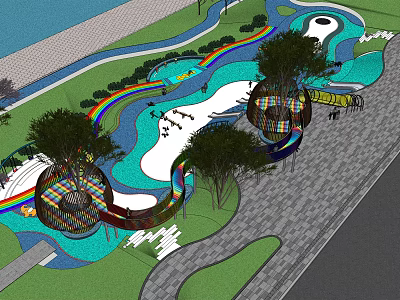 Fun Outdoor Kids Playground With Rainbow Slides Trees And Water Features 3d model