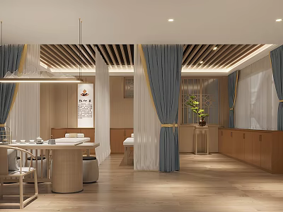 Chinese Tea Room Interior With Wooden Furniture Blue Curtains White Sheer Curtains And Green Plant 3d model