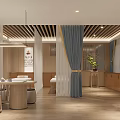 Chinese Tea Room Interior With Wooden Furniture Blue Curtains White Sheer Curtains And Green Plant