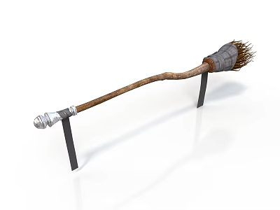 Traditional Household Broom With Wooden Handle Straw Bristles And Metal Connector On Stand 3d model