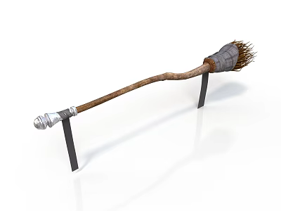 Realistic style broom broom wooden handle metal tip black bracket white background striped bristles smooth material indoor props 3d model