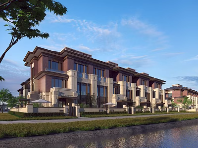 Elegant Row Of Townhouses With Waterfront Green Lawn Brown Beige Facade And Trees 3d model